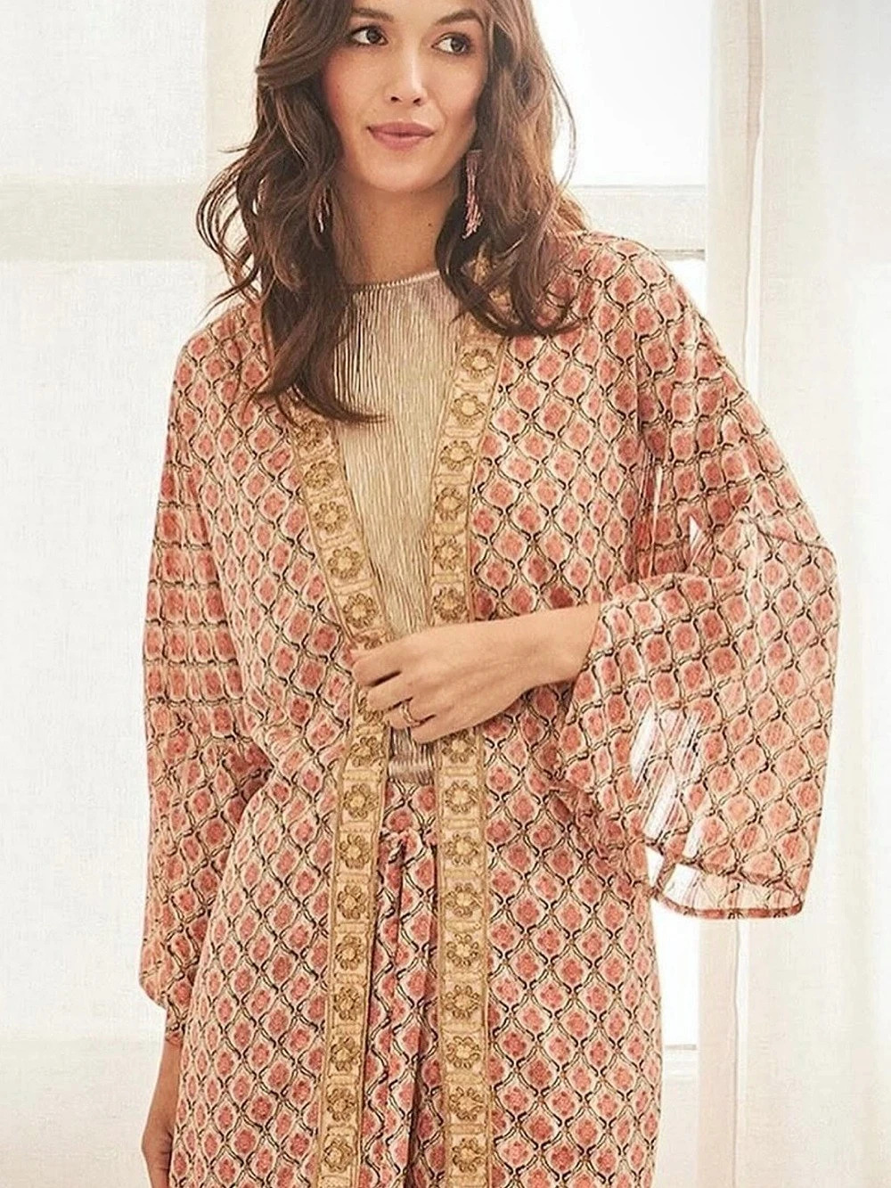 NKN Nekane-  Cherry Floral Kimono and Wide Leg Set Pink & Cream Size Small NWT